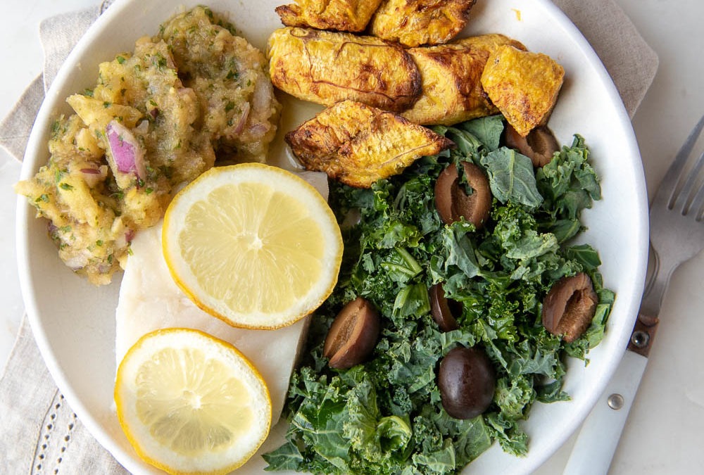Baked Cod with Plantains and Kale Salad
