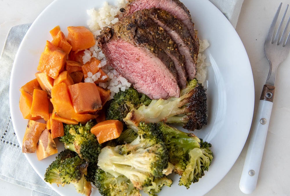 Steak with Broccoli, Sweet Potatoes, and Cauli Rice