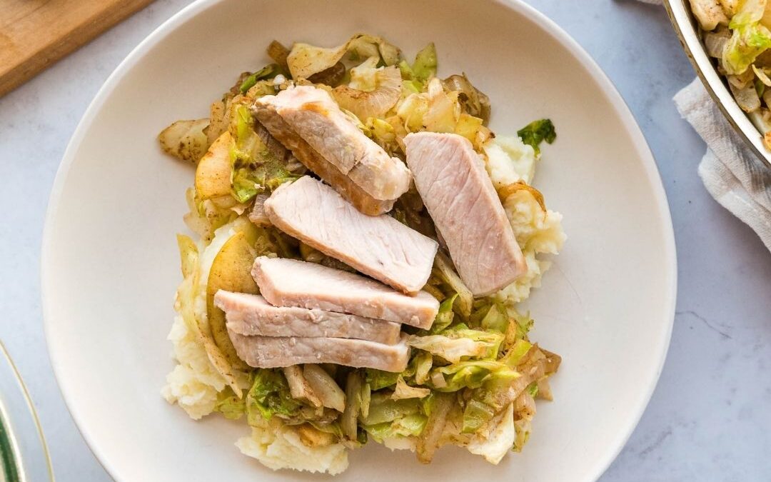 Pork Chops with Cabbage, Onions, and Apples with Mashed Cauliflower